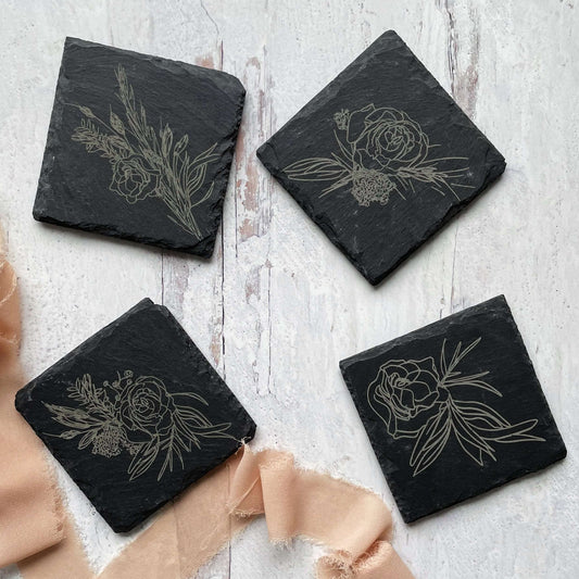 Engraved Slate Coasters - Boho Floral - Set of 4